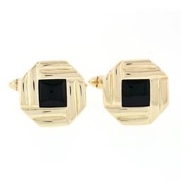Men's 14k Gold Square Black Onyx Infinite Octagon Cuff Links & 3 Button Stud Set