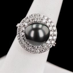 12mm Tahitian Pearl and 1.45 ctw Diamond 14K White Gold Ring