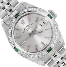 Rolex Ladies Stainless Steel Silver Index Diamond And Emerald Date Wristwatch Wi