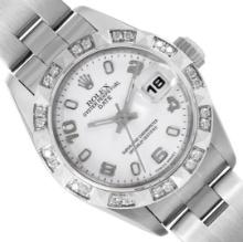 Rolex Ladies Stainless Steel White Arabic Dial 18K Diamond Bezel Oyster Band Dat