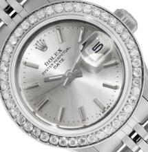 Rolex Ladies Stainless Steel Silver Index Diamond Bezel Date Wristwatch With Rol