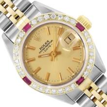 Rolex Ladies Two Tone Champagne Index Diamond And Ruby Date Watch With Rolex Box