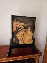 VINTAGE ASIAN CORK ART WITH BLACK LACQUER FRAMING