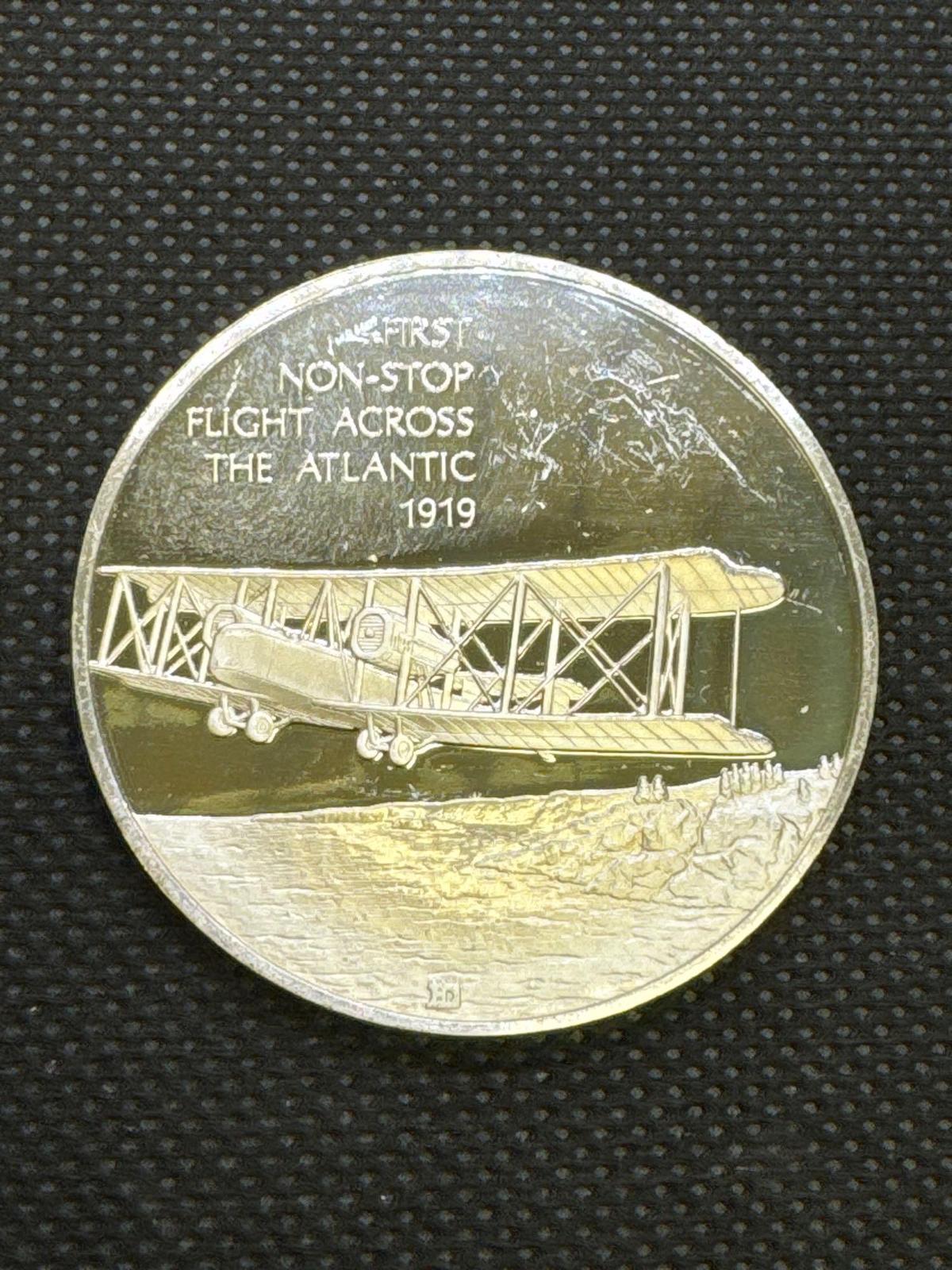 History Of Flight 1st Non-Stop Flight Across The Atlantic 1919 Sterling Silver Coin 1.33 Oz