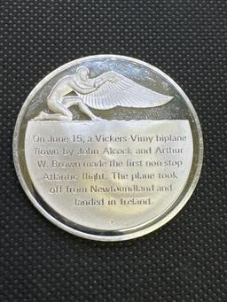 History Of Flight 1st Non-Stop Flight Across The Atlantic 1919 Sterling Silver Coin 1.33 Oz