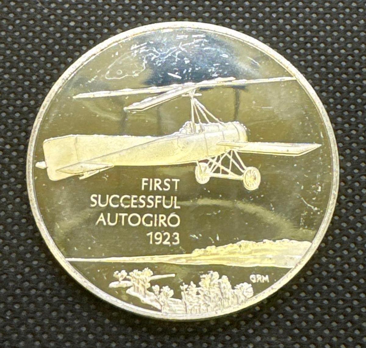 History Of Flight 1st Successful Autogiro 1923 Sterling Silver Coin 1.32 Oz