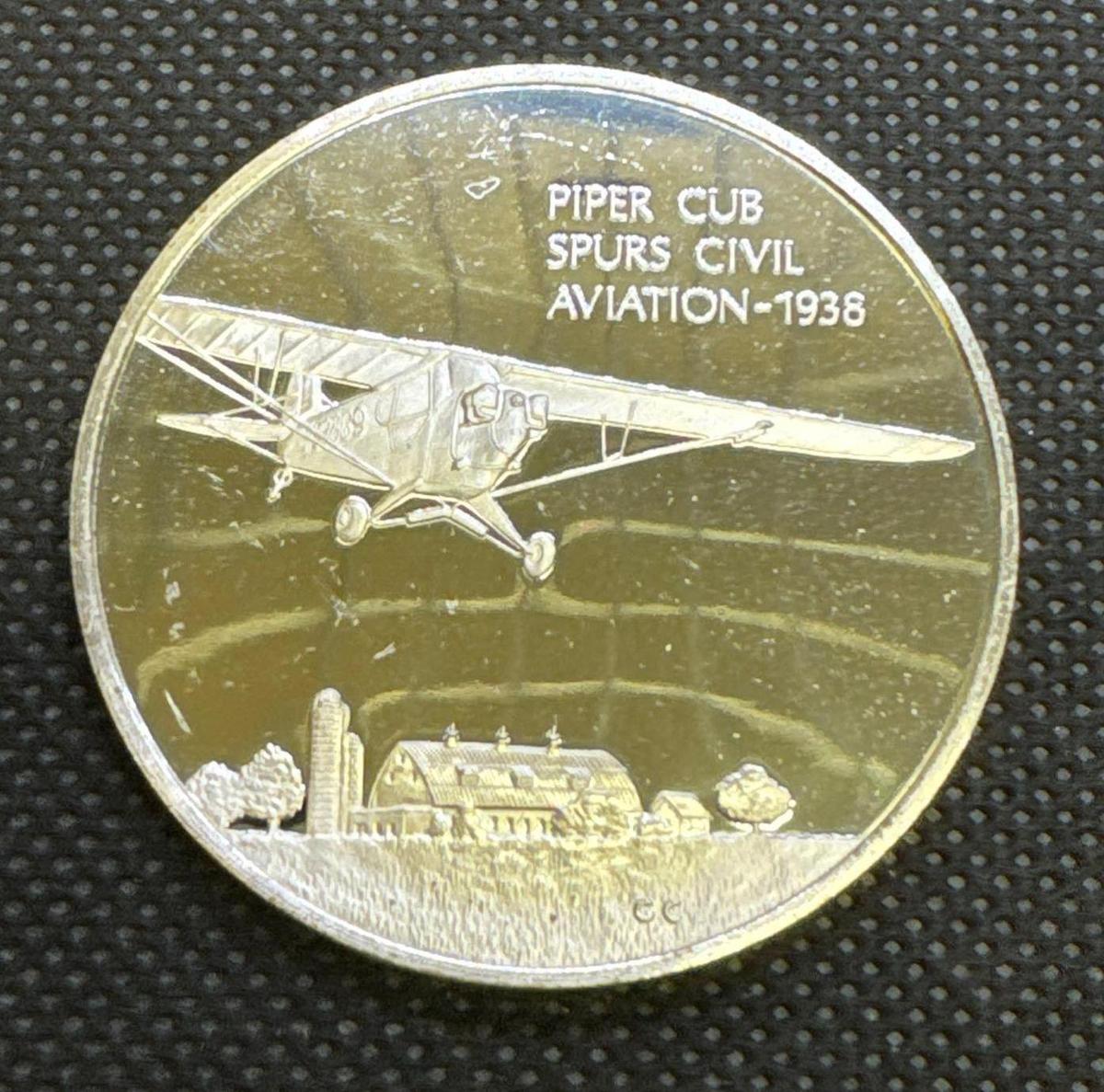 History Of Flight Piper CUB Spurs Civil Aviation 1936 Sterling Silver Coin 1.30 Oz