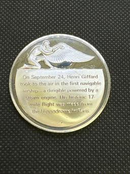 History Of Flight 1st Navigable Airship 1852 Sterling Silver Coin 1.33 Oz