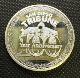 San Diego Tribune 100 Year Anniversary 1 Troy Oz .999 Fine Silver Bullion Coin