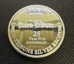 San Diego Tribune 100 Year Anniversary 1 Troy Oz .999 Fine Silver Bullion Coin
