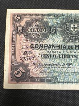 1935 Mozambique 5 Libras Note Crisp Bill
