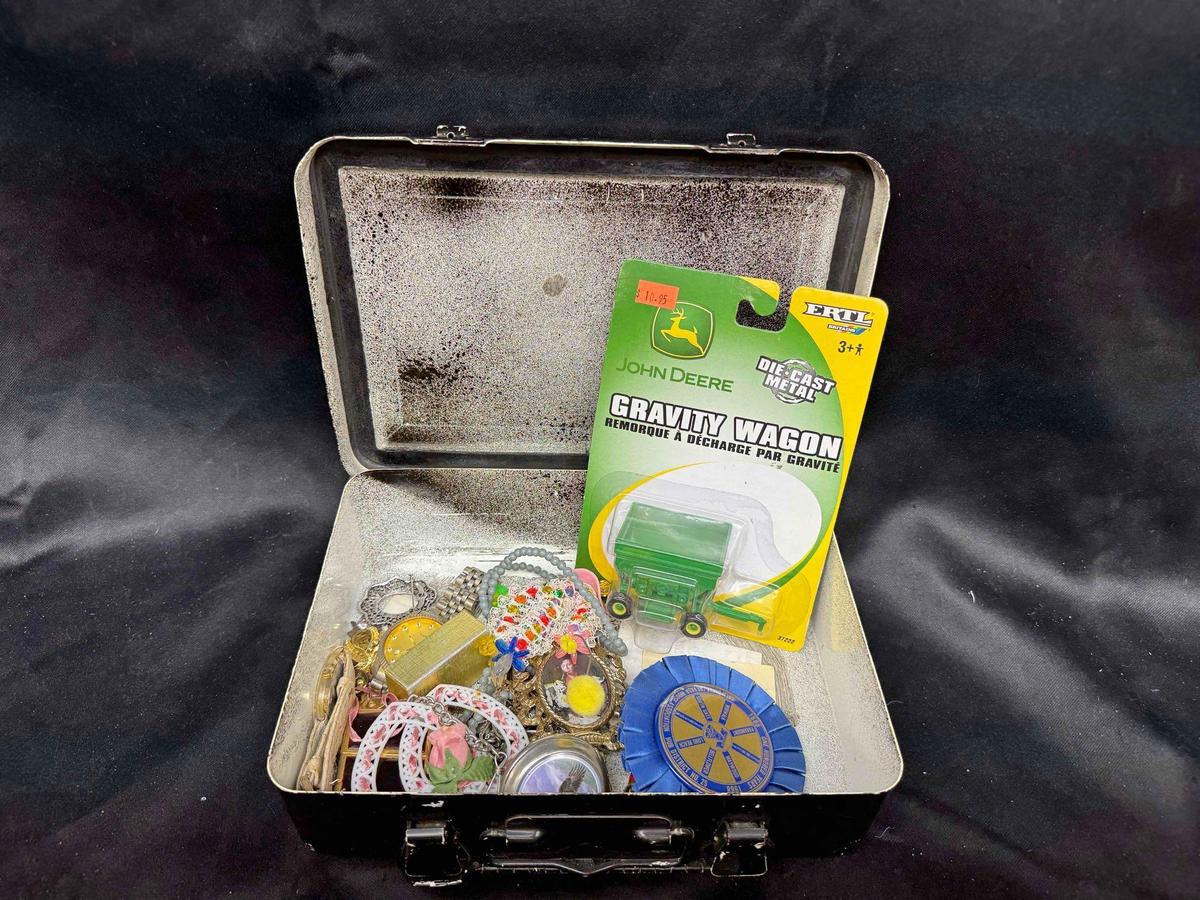 Box Full of Knick Knacks. Toy Tractor, Costume Jewelry, Watches more