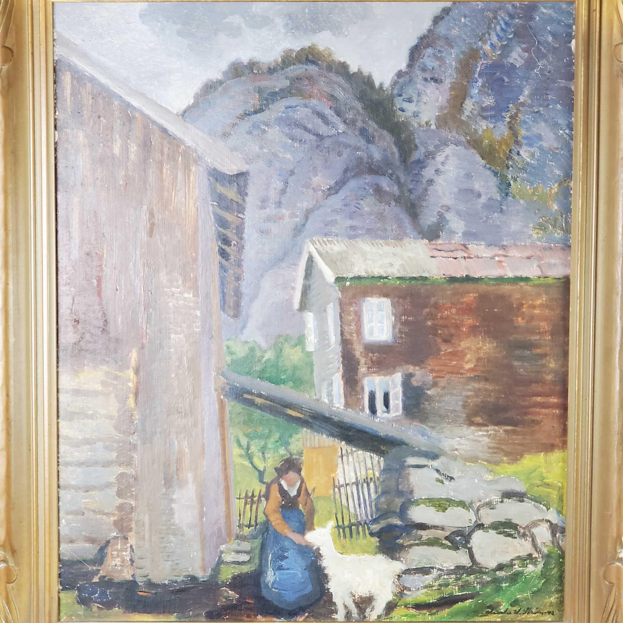 Framed antique oil/Masonite artwork with signature dated 1942