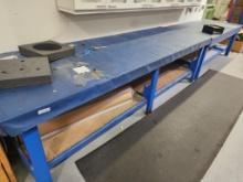 Wooden worktables and contents with Vinyl Covers Quantity 2 18ft total length