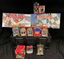 Bin of NASCAR 6 Monopoly Games, Xmas Ornaments Dale Earnhardt