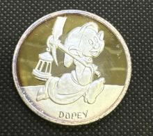Disney Snow White 50th Anniversary Dopey 1 Troy Oz 999 Fine Silver Coin