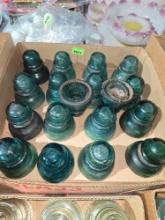 Box of 18 Green Glass, Antique Insulaters.