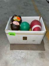 Box of Assorted Toys,Balls, and Banks.