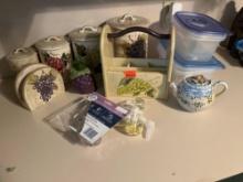Canister set, glad containers, creamer pot, glade freshener .salt & pepper, spoon rack, cup of