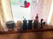 Red bird, salt and pepper shakers, rooster Toothpick holder and toothpicks and soap dispenser