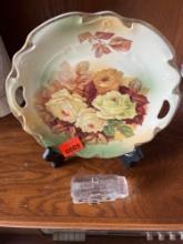 Vintage hand painted three Crown China roses.with stand. Clear tiny house decor .
