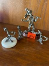 Hobo Pewter figurine and two tiny circus pewter clowns and a single tiny pewter clown.