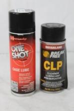Two aerosol cans. One Hornady One Shot case lube and one Break Free CLP. Will not ship.