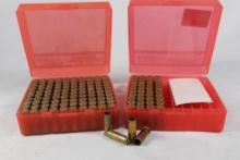 Two red plastic ammo boxes of fired 41 Rem Mag brass. Count 144.