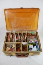 Plano double sided tackle box with fishing items. Used.
