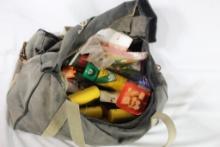 Canvas bag with assorted camping and fishing gear. Used.