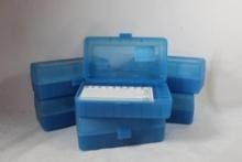 Six Lt blue small magnum and small rifle cartridge MTM 50 round ammo boxes.