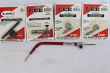 Three Lee reloading parts in packages and one Stoney Point case bullet depth gage, Used.