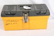One black and yellow single pull out tray tool box. Used.