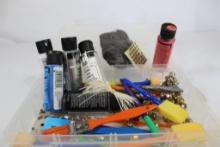One plastic box with assorted craft items, paint, beads, bells, etc. Used.