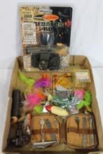 Miscellaneous fishing items, head lamp in package and small tool set.