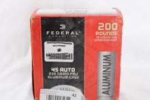 One Federal range pack of 45 ACP 230gr FMJ, aluminum cases. Count 200.