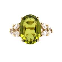 14k Yellow Gold Oval Cut Green Colored Stone & CZ Cocktail Ring