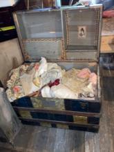 Antique Trunk Filled With Vintage Clothing & Fabric