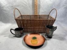 Vintage Basket, Silver Plate Cups and Trinket tray