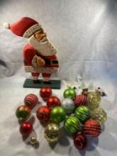 Wooden Santa Decor With Classic Bulb Ornaments