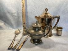 Silver Plate Coffee & Tea Pots With Salad Serving Utensils