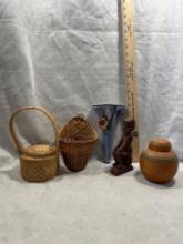 Signed Carved Man, Small Baskets and Wall Sconce