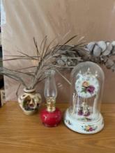 Domed Clock, Decorative Vase and Mini Oil Lamp