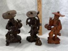 Three Hand Carved Oriental Figurines With Ceramic Monkey
