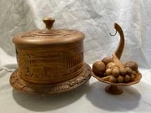 Carved Wood Cake Dome With Decor & Banana Holder