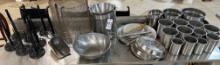 LARGE LOT OF STAINLESS ICE BUCKETS, WINE HOLDERS, MIXING BOWLS, ICE SCOOPS, ETC.