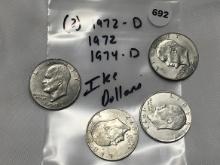 (2) 1972-D, 1972, 1974-D Ike Dollars