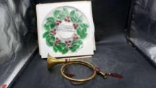 Stained Glass Holly Wreath & Horn
