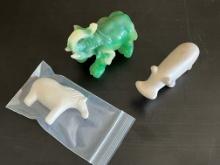 3 Animal Stone Figurines 1 green Elephant 1 Stone Horse 1 Stone Hippo
