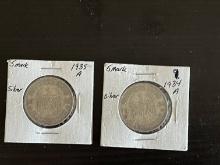 Two (1934A and 1935A) German Silver 5 Mark Coins